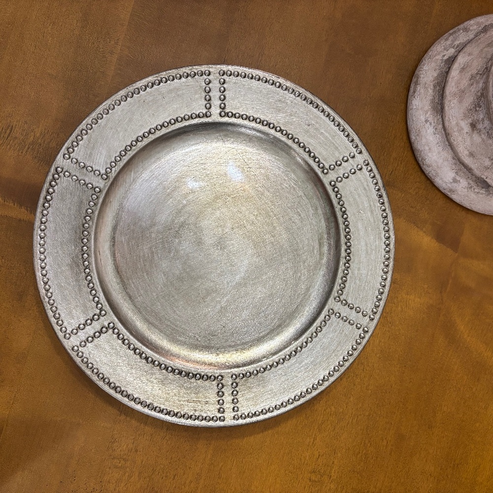 Distressed Decorative Chargers - Plastic Faux Silver - Set of 8